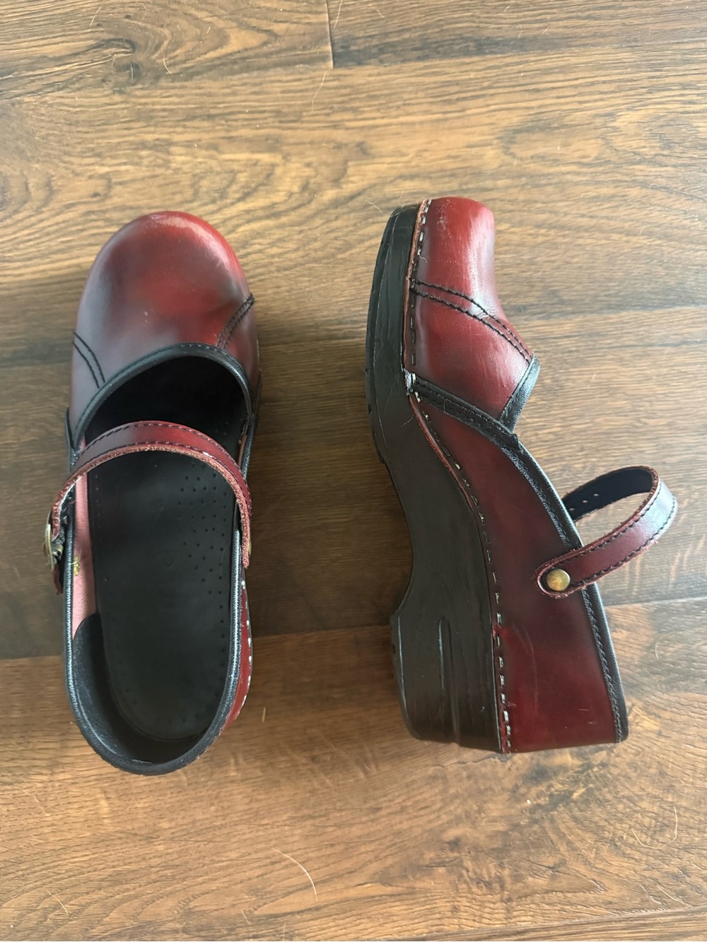 Sanita Burgundy and Black Leather Mary Jane Clogs with Platform